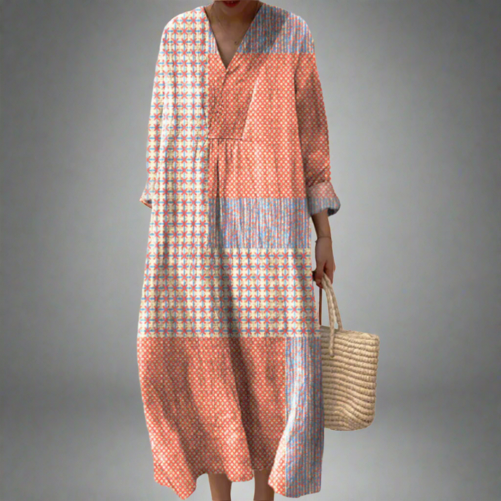 Chloe | Coral Patchwork Midi Dress