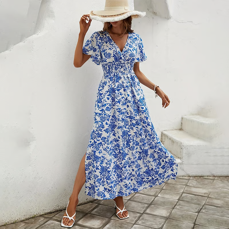 Bea | Bohemian V-Neck Blue Beach Dress