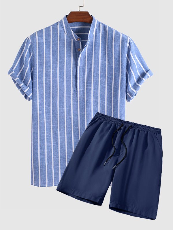 Men's Cotton Linen Striped Mandarin Collar Half Button Shirt Casual Shorts Set