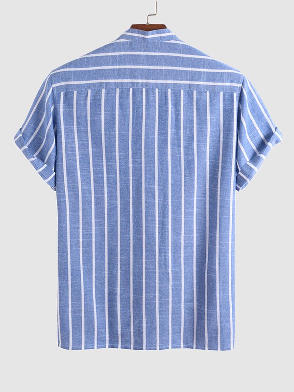 Men's Cotton Linen Striped Mandarin Collar Half Button Shirt Casual Shorts Set