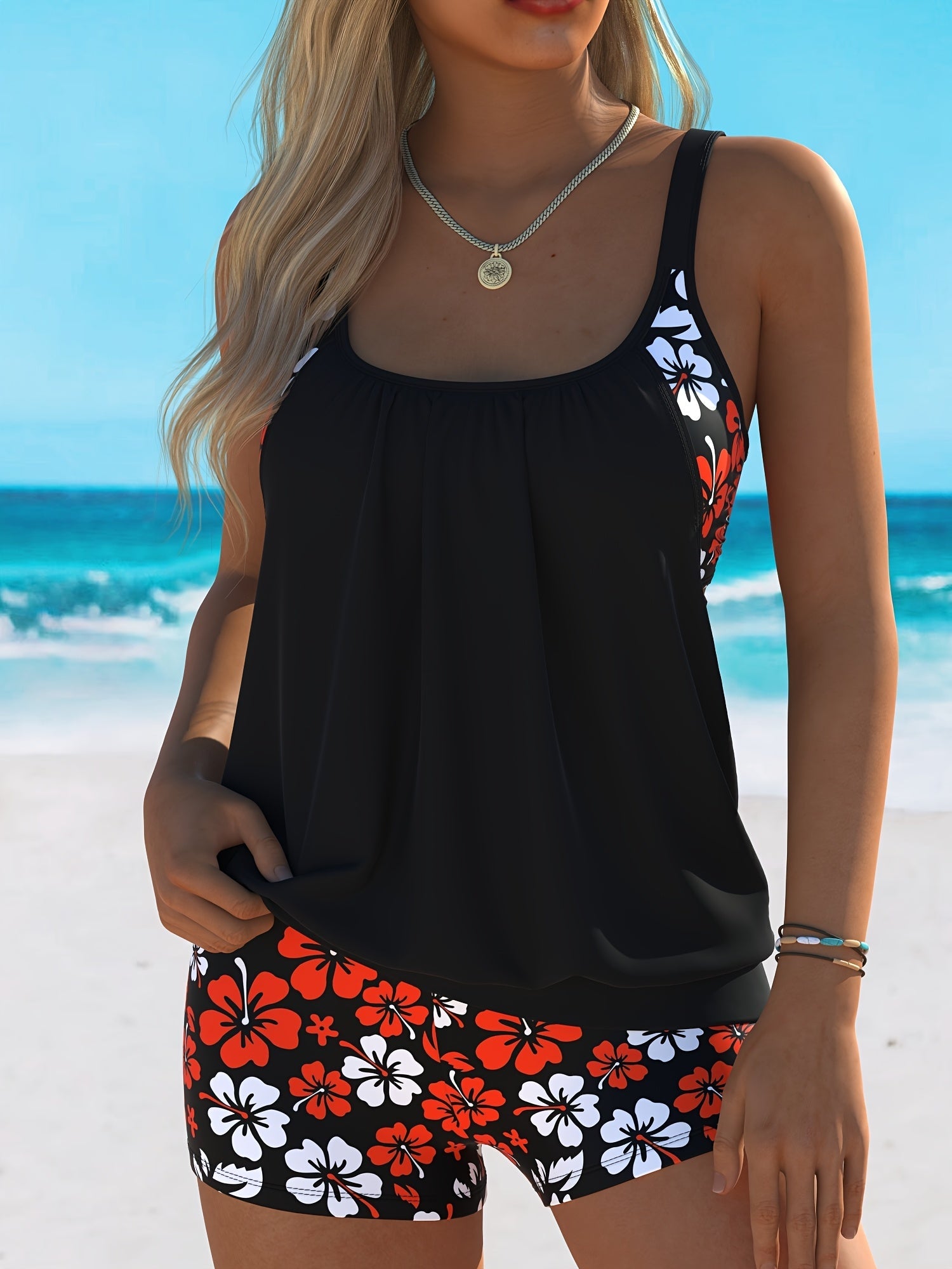 Camille | Red Floral Tankini Set